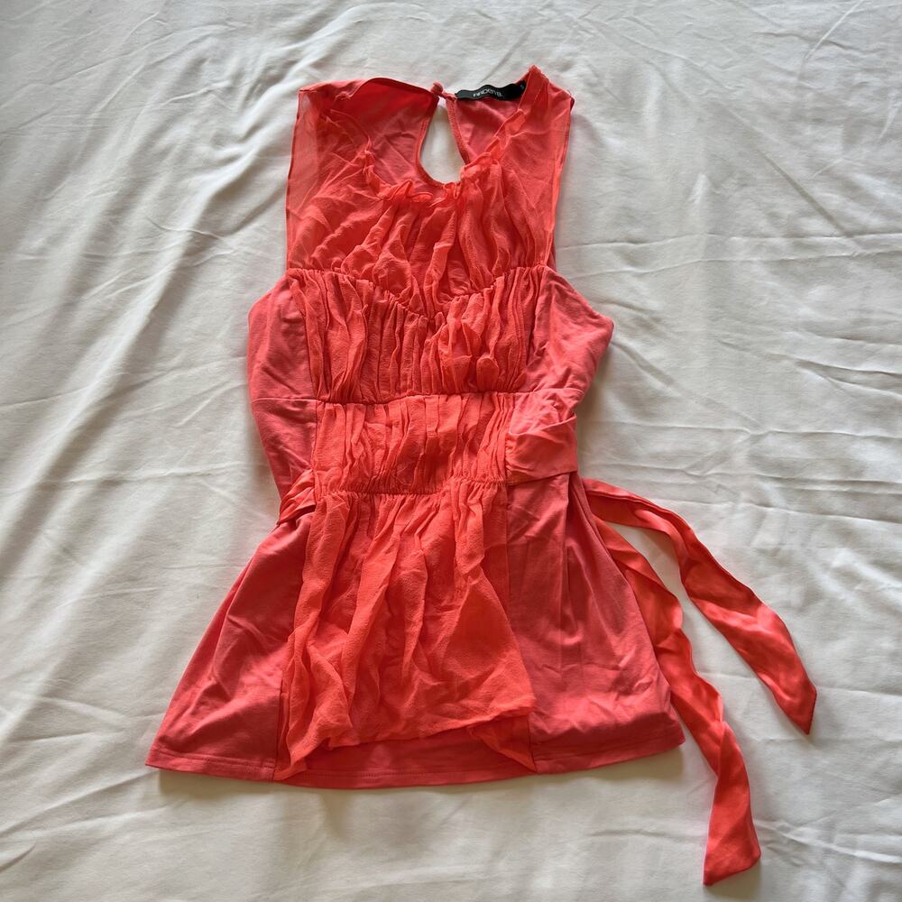 Arden B. silk tie waist ruched mesh panel coral top S
